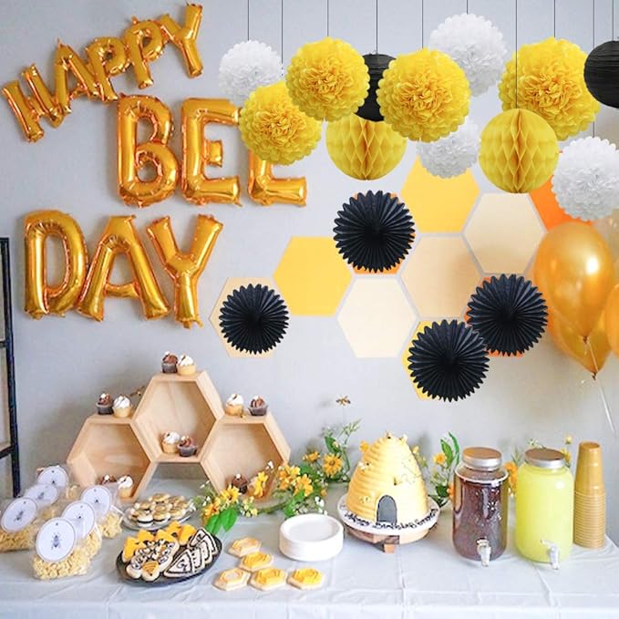 Yellow White Black Party Decorations 16pcs Paper Pom Poms Honeycomb Balls - Image 5