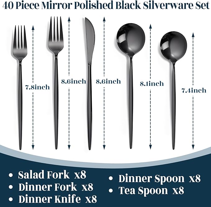 NOCCUR 40-Piece Stainless Steel Black Silverware Set - Image 2