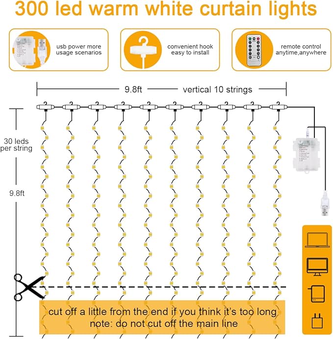 AOMIG Fairy Curtain Lights, 300 LED White Window Curtain String Light, 8 Modes - Image 2