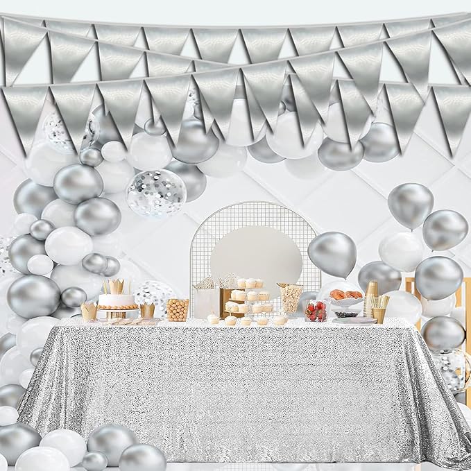 40M/130FT Silver Triangle Pennant Banner Flag Metallic Fabric Bunting Garland - Image 4