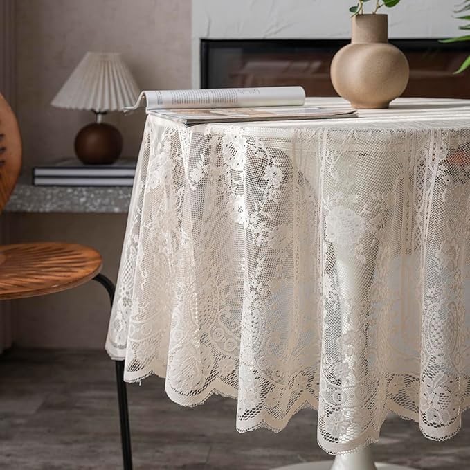 Vintage 60 inch Beige Lace Tablecloth Floral Embroidered Boho Shabby Chic Small - Image 4