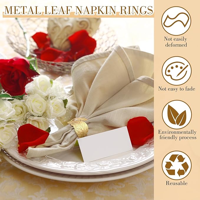 Bokon 50 Pcs Gold Napkin Rings Metal Leaf Napkin Holders Delicate Rings Bulk - Image 3