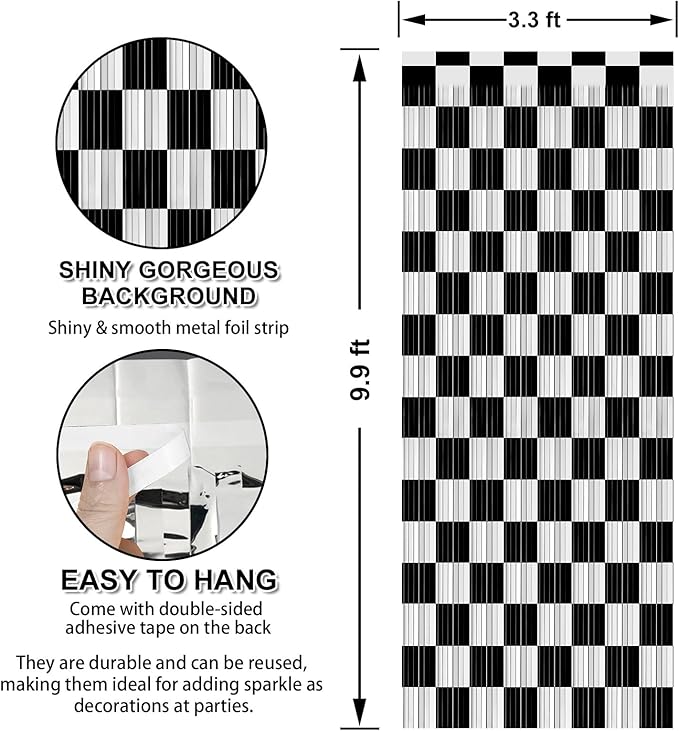 Crosize 2 Pack 3.3 x 9.9 ft Black & White Foil Fringe Curtains Party Decorations - Image 3