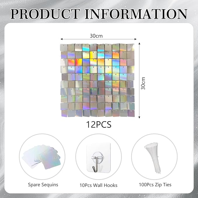 12PCS Colorful Shimmer Wall Backdrop, Square Sequin Photo Backdrops Panel - Image 2