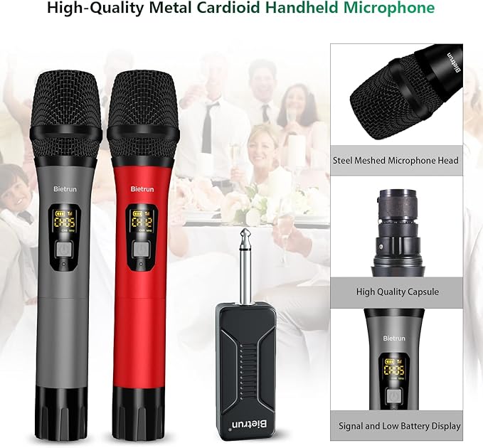 Bietrun Wireless Microphone, Professional UHF Metal Dual Handheld Cordless - Image 4