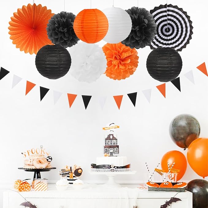 Orange-Black White Party-Decorations Paper-Flowers Lanterns - Image 6