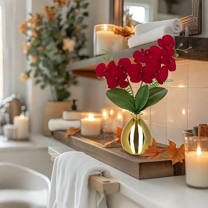 Red Orchids Artificial Flowers, Faux Orchid in Glass Vase Real Touch Small - Image 5