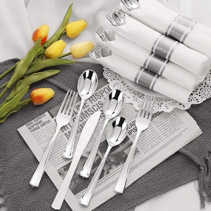 400PCS Pre Rolled Silver Plastic Silverware Sets - Image 5