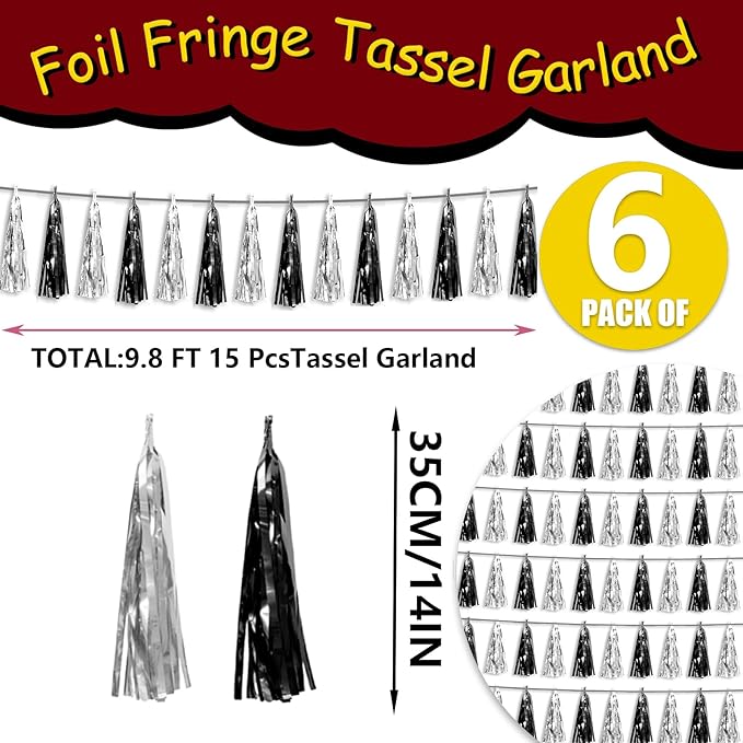 6P Black Silver Foil Fringe Metallic Tassel Streamers Banner Tassel Garland - Image 2