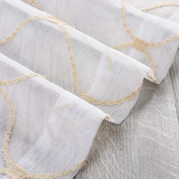 Embroidered Wave Diamond Sheer Curtains Gold 63 Inch Length, Rod Pocket Voile - Image 7
