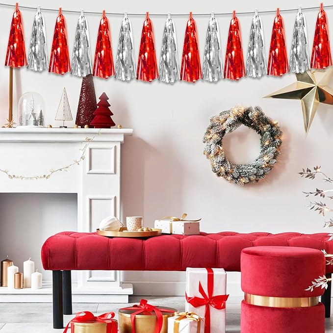 3P Red Silver Foil Fringe Metallic Tassel Streamers Banner Tassel Garland - Image 4