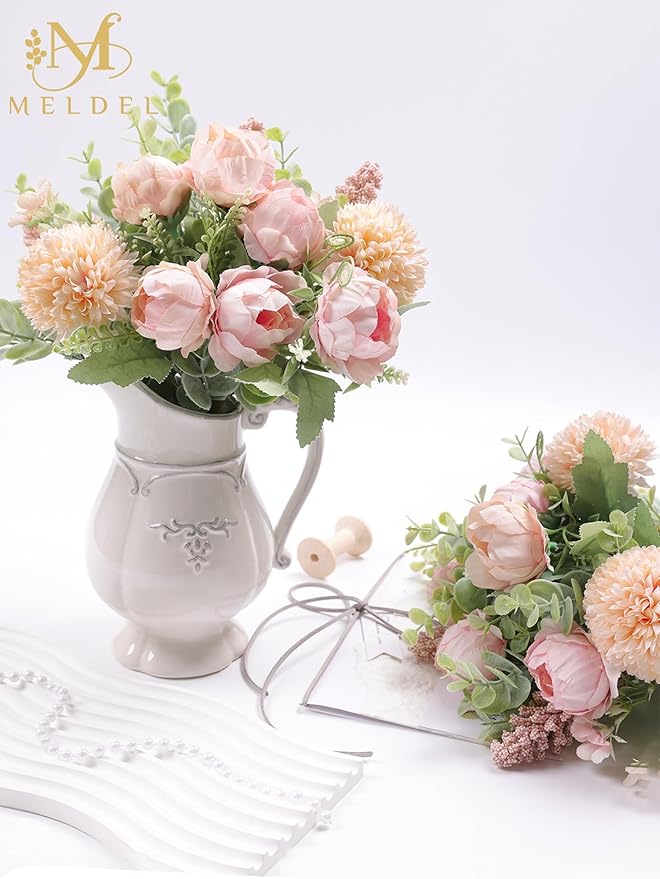 Meldel 3Pcs Peony Bouquet Light Pink Champagne Rose Artificial Flowers - Image 4