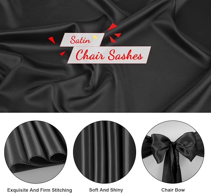 10 PCS Black Satin Chair Sashes Bows Universal Chair Ribbon Ties Back Sash - Image 3