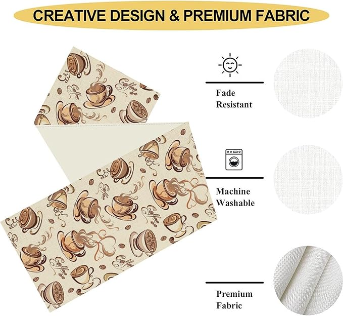 Coffee Time Table Runner, Farmhouse Retro Coffee Cup Tea Party Cafe Table - Image 4