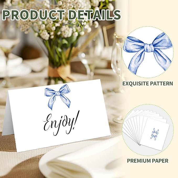 25 Blue Bow Place Cards for Table Seating, Watercolor Wedding Name Place Card - Image 3