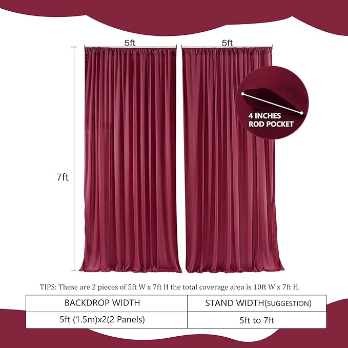2 Panels Burgundy Backdrop Curtain, 10 x 7 Feet Background Curtains - Image 2