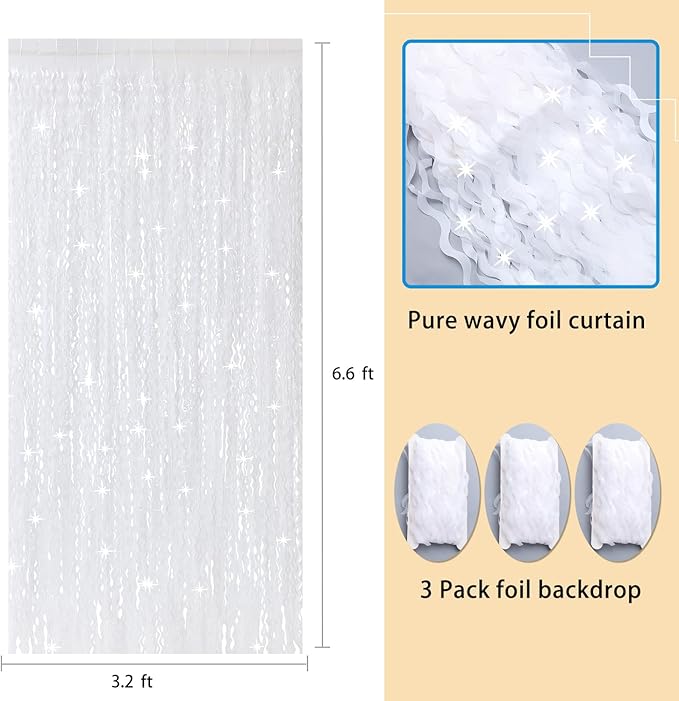 3Pcs Wavy White Metallic Tinsel Curtain Foil Fringe Backdrop, 3.3 ft x 6.6 ft - Image 3
