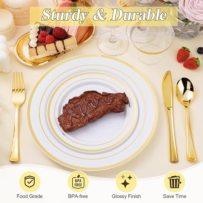 200PCS Gold Plastic Plates Set, 100 10.25 inch Dinner Plate and 100 7.5 inch - Image 4
