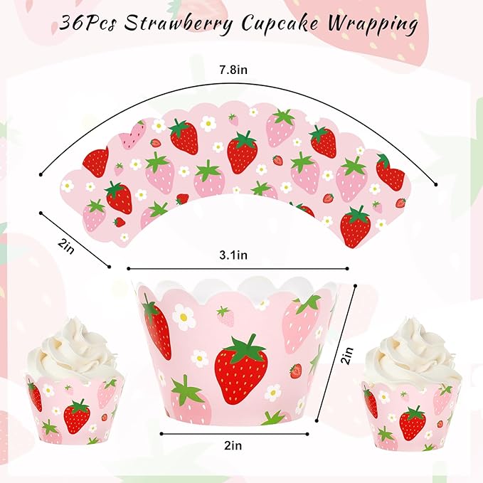 Whaline 36Pcs Strawberry Cupcake Wrappers Red Pink Strawberry Flower Cupcake - Image 2