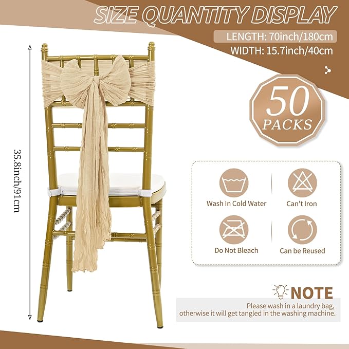 50 PCS Cheesecloth Chair Sashes Bows Wedding Aisle Decorations Chair Ribbon - Image 2