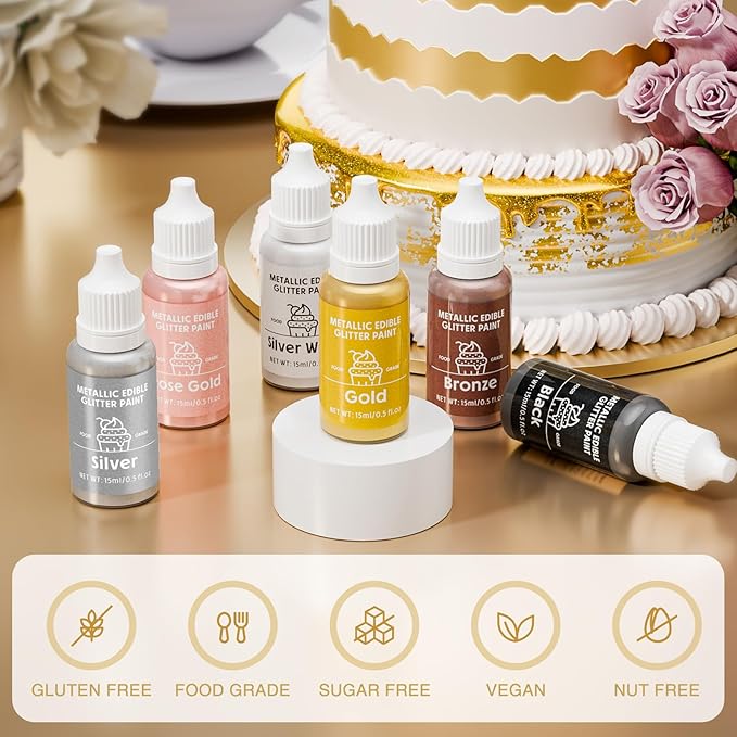 Edible Glitter Paint Set- 6 Color Food Coloring Metallic Glitter Paint - Image 2