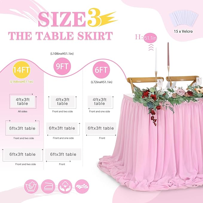 QueenDream Pink Sheer Table Skirts 14ft Chiffon Tablecloth - Image 4