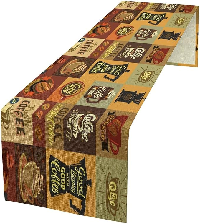 Coffee Table Runner, Vintage Style Coffee Beans Cups Theme Design Pattern Print by Kurtect