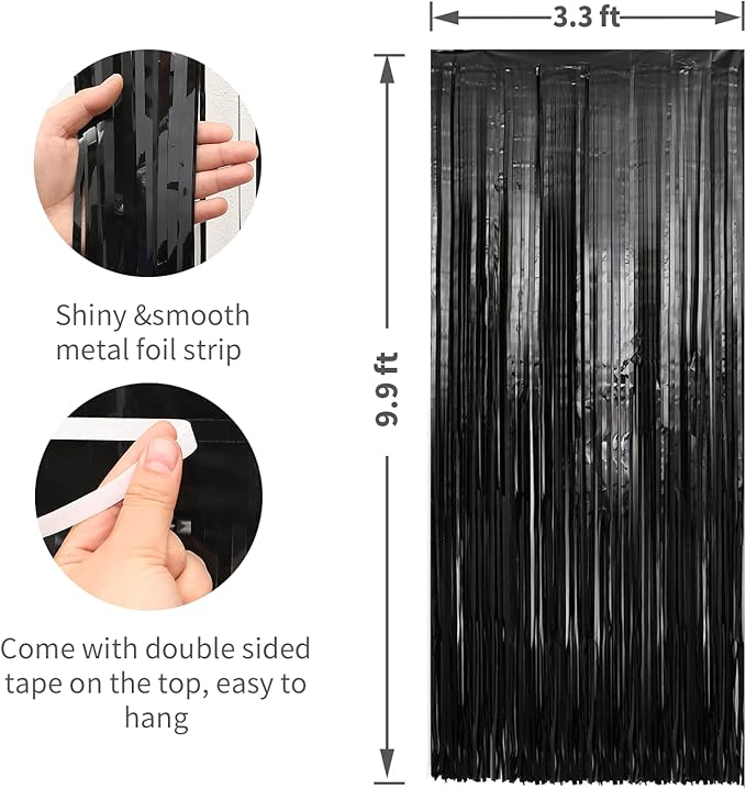 Crosize 4 Pack 3.3 x 9.9 ft Black Foil Fringe Backdrop Curtain, Streamer - Image 2