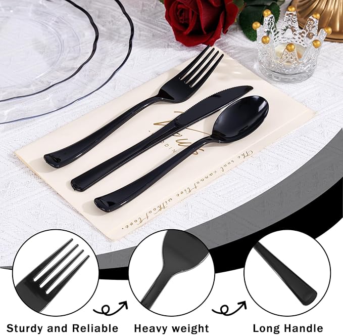 Supernal 300 Pieces Black Plastic Silverware Disposable Cutlery Black - Image 8