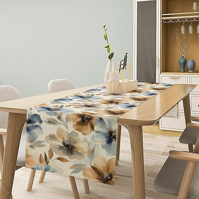 Poppy Floral Table Runner, Watercolor Brown Blue Flowers Blossom Summer Nature - Image 6