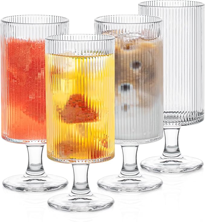 INSETLAN Set of 4 Ribbed Glass Goblets – 12oz Vertical Stripe Stemmed Glassware by INSETLAN