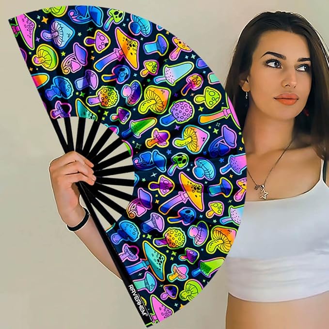 UV Glow Rave Fan, Bamboo Folding Clack Hand Fans Foldable - Image 3