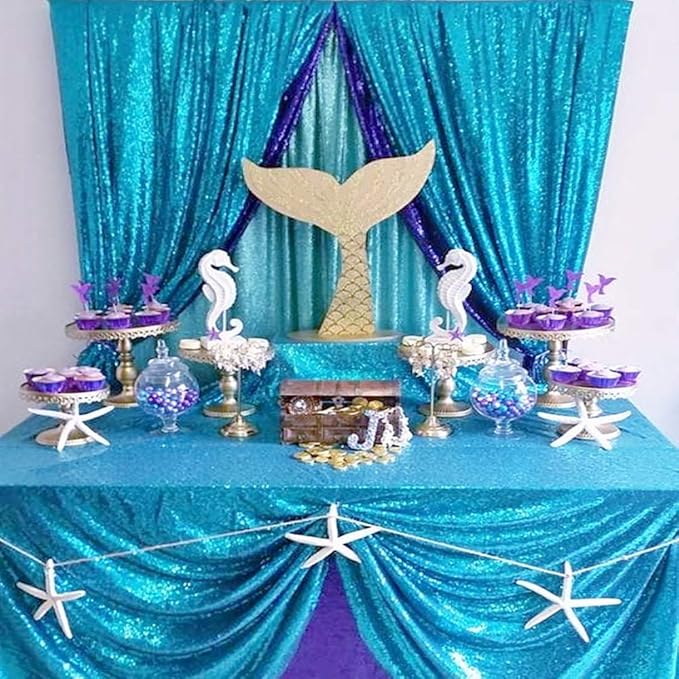 QueenDream Aqua Blue Tablecloth 90 x 132 Inch Sequin Tablecloth - Image 5