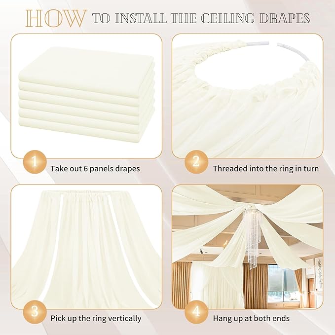 6 Panels Ivory Ceiling Drapes for Wedding 5ftx30ft Sheer Drapery Chiffon Fabric - Image 5