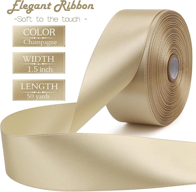Champagne Solid Satin Ribbon 1-1/2 Inch 50 Yards Solid Polyester Fabric Ribbon - Image 2