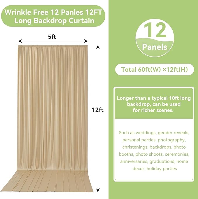 60ftx12ft Wrinkle Free Beige Backdrop Curtain, 12 Panels 12FT Height Beige - Image 5