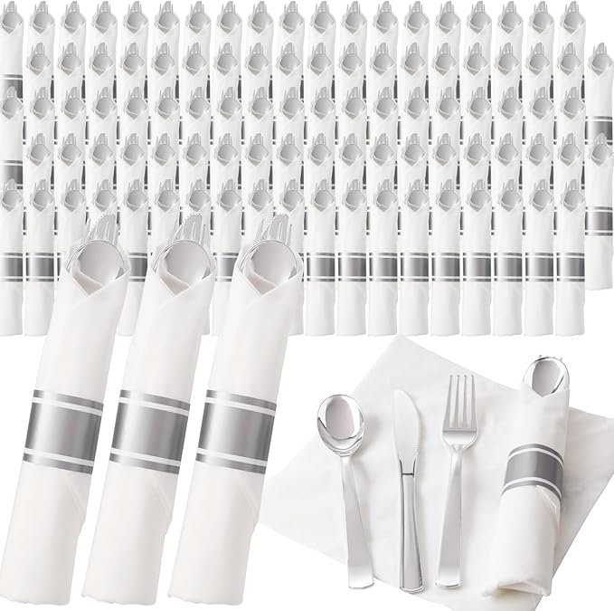 200Guests Pre Rolled Silver Plastic Silverware Sets by Joyido