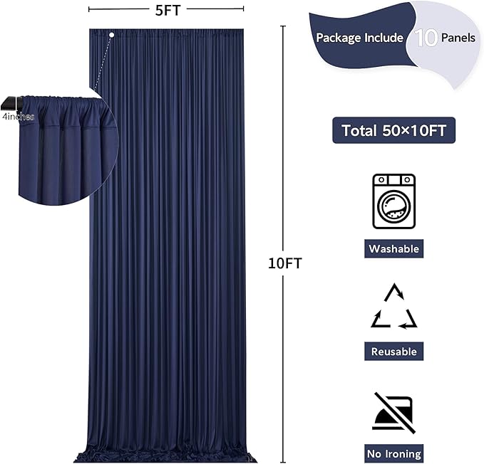 50 ft x 10 ft Wrinkle Free Navy Blue Backdrop Curtain - Image 5