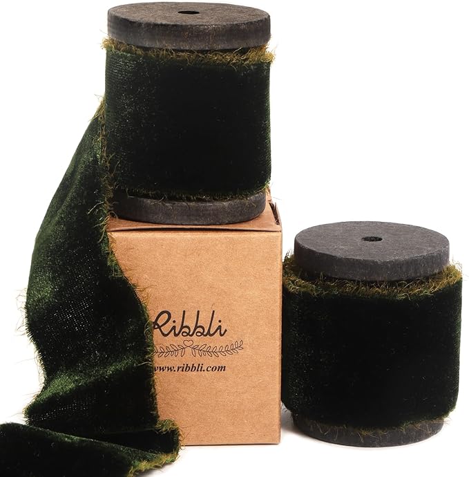 Ribbli Dark Moss Velvet Ribbon 1.5 Inch Handmade Frayed Vintage Christmas Ribbon by Ribbli