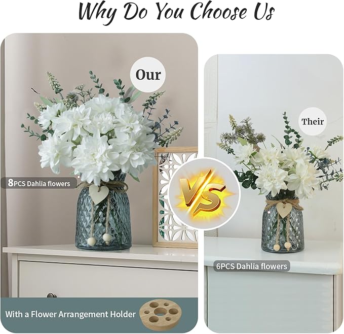 Fake Flowers in Vase, 8 Dahlias, Silk Artificial Flowers in Vase, Centerpiece - Image 3