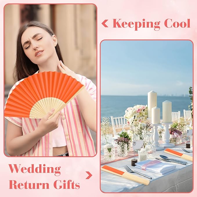 12 Pieces Orange Hand Held Bamboo Folding Fans Paper Fans Handheld - Image 5