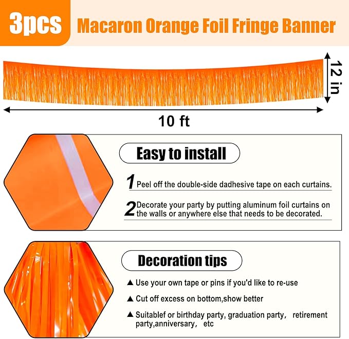 3 Pack 10 Long Macaron Orange Metallic Foil Fringe Garland Wall Hanging Tassle - Image 2