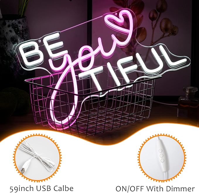 Be Your Tiful Neon Sign Dimmable Letter Neon Signs White Pink Wall Decorative - Image 3