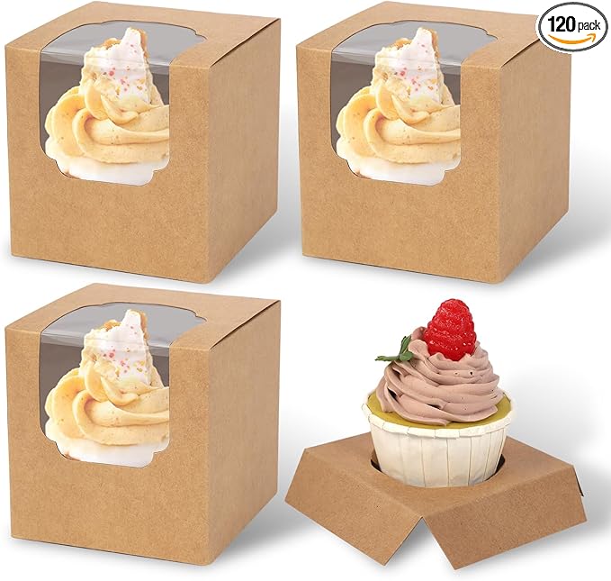 JCD 120pcs Cupcake Boxes, 3.5inches Individual Pre-Assembled Kraft Brown by JCD