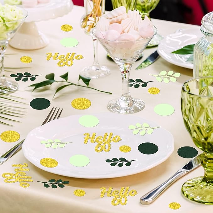 300PC Gold Glitter and Sage Green Happy 60th Birthday Decorations - Image 4