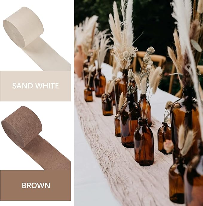 PartyWoo Brown Crepe Paper Streamers 4pcs 328ft Pack of Boho Neutral Sand White - Image 3