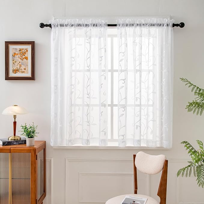 VISIONTEX Sheer Voile Curtains, Decorative White Leaves Embroidery Faux Linen by VISIONTEX