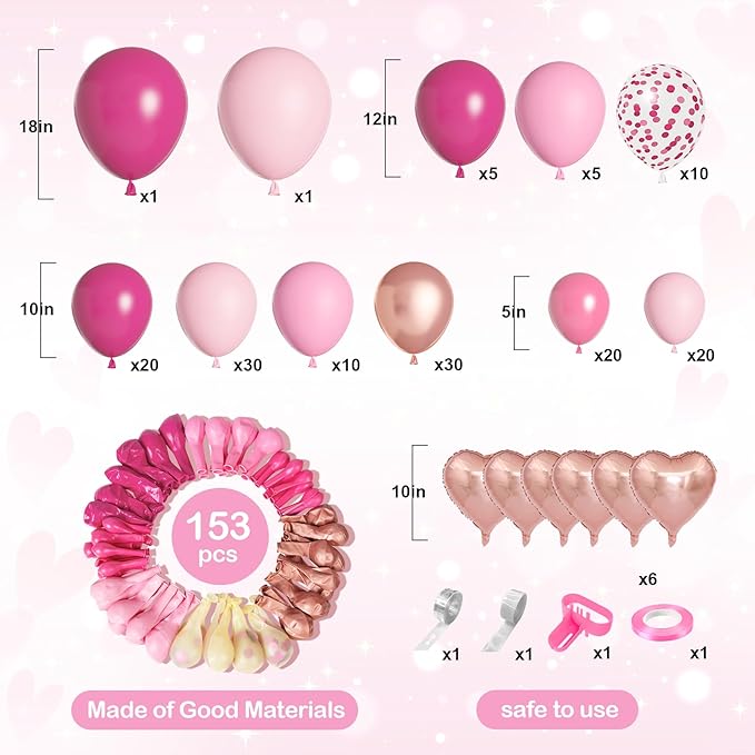 Amandir 153pcs Pink Balloon Garland Arch Kit, Different Sizes 18 12 10 5 inch - Image 2
