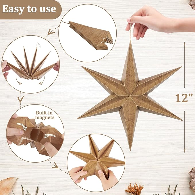EASY JOY 5 Pcs Wood Grain Paper Star Lanterns 6-Pointed 12 Inch Christmas - Image 2