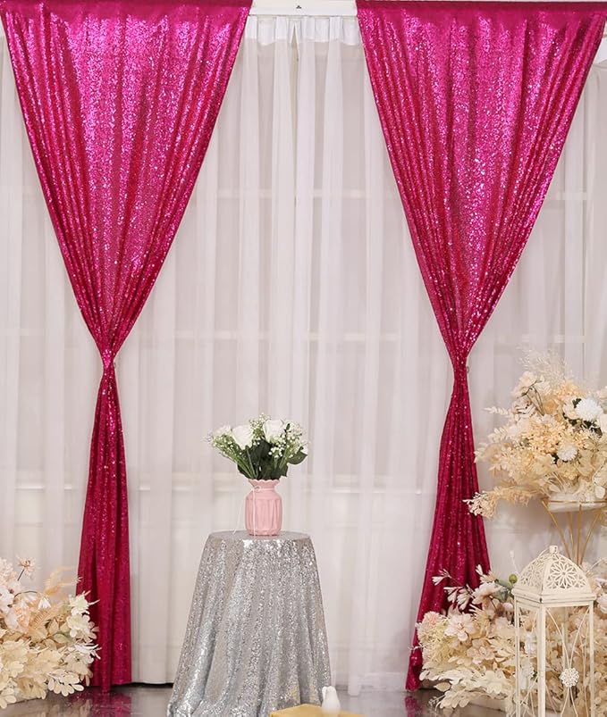 Poise3EHome Hot Pink Sequin Backdrop Curtain, 2 Panels Hot Pink Sequin Backdrop - Image 2